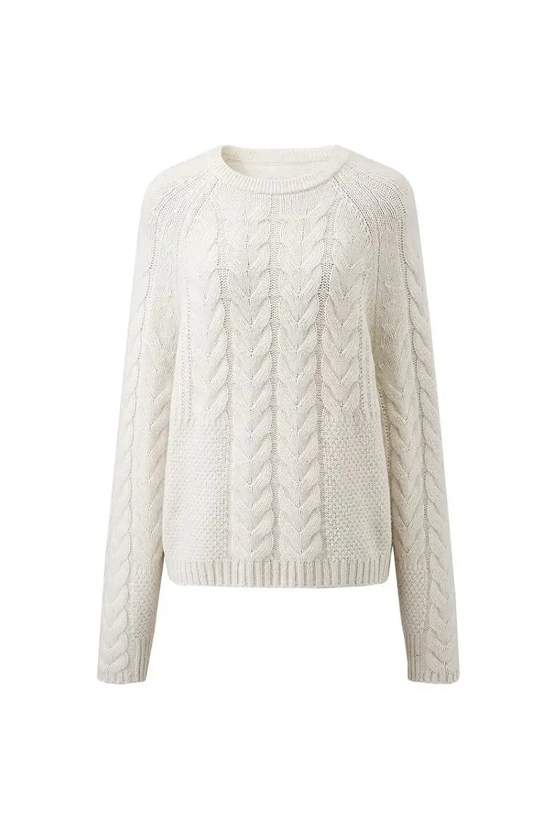 100 Wool Chunky Knit Cable Crew Neck Sweater