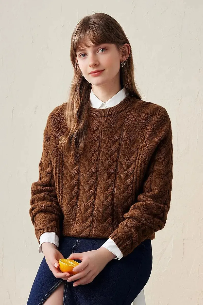 100 Wool Chunky Knit Cable Crew Neck Sweater