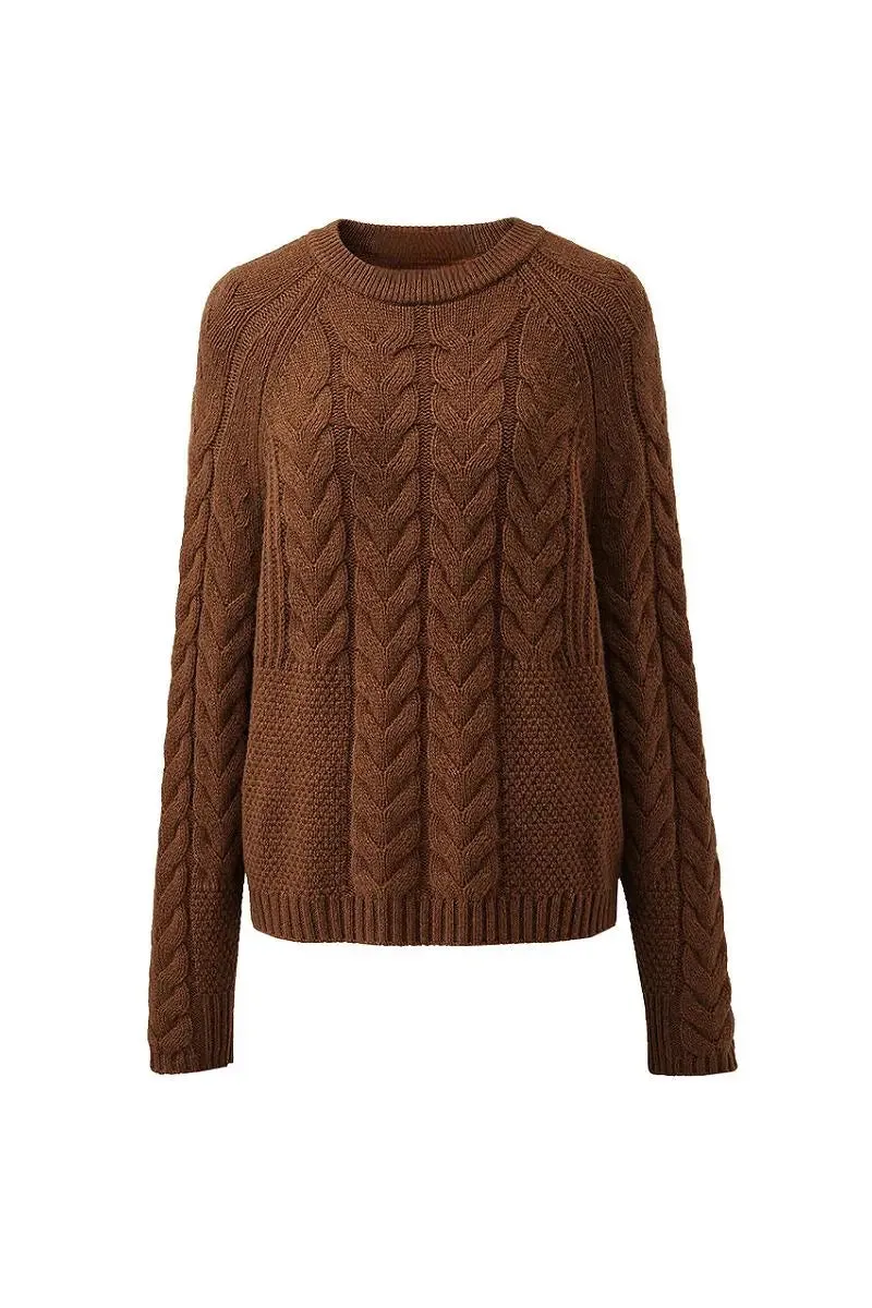 100 Wool Chunky Knit Cable Crew Neck Sweater