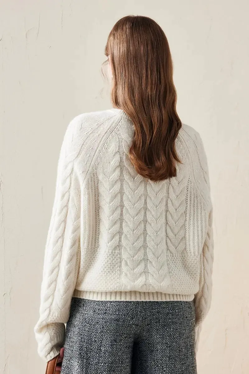 100 Wool Chunky Knit Cable Crew Neck Sweater