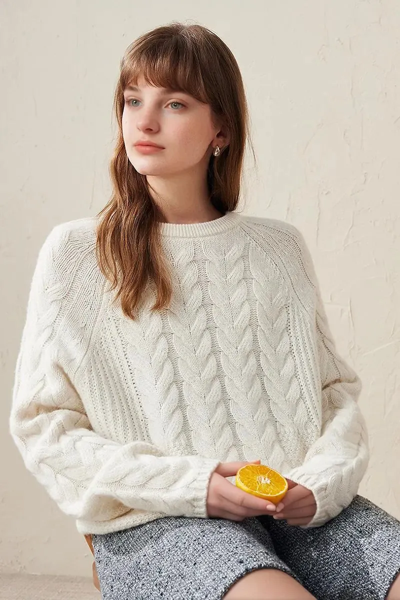 100 Wool Chunky Knit Cable Crew Neck Sweater