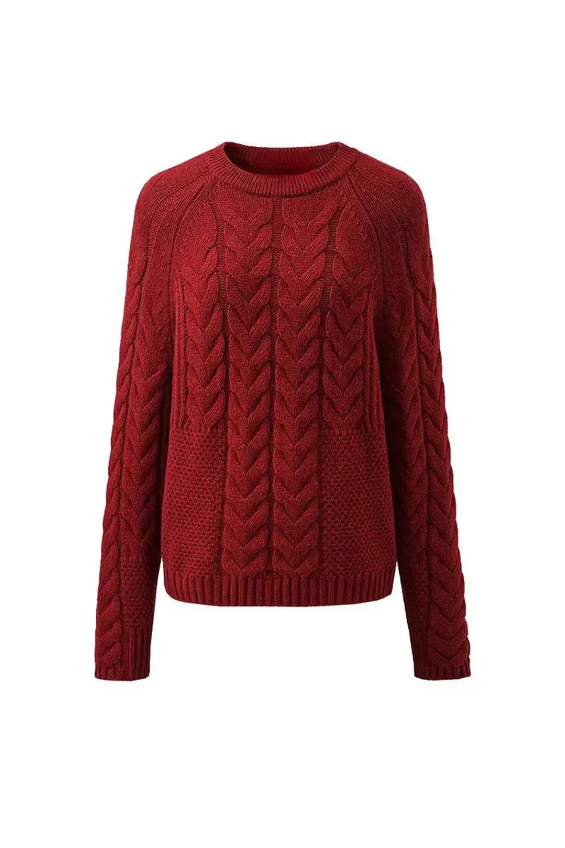 100 Wool Chunky Knit Cable Crew Neck Sweater