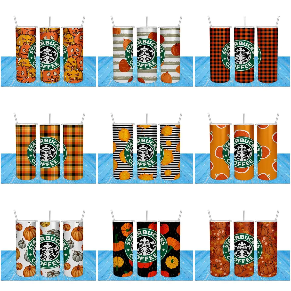 11 Autumn Fall Starbucks Tumbler Wrap Designs Bundle JPG