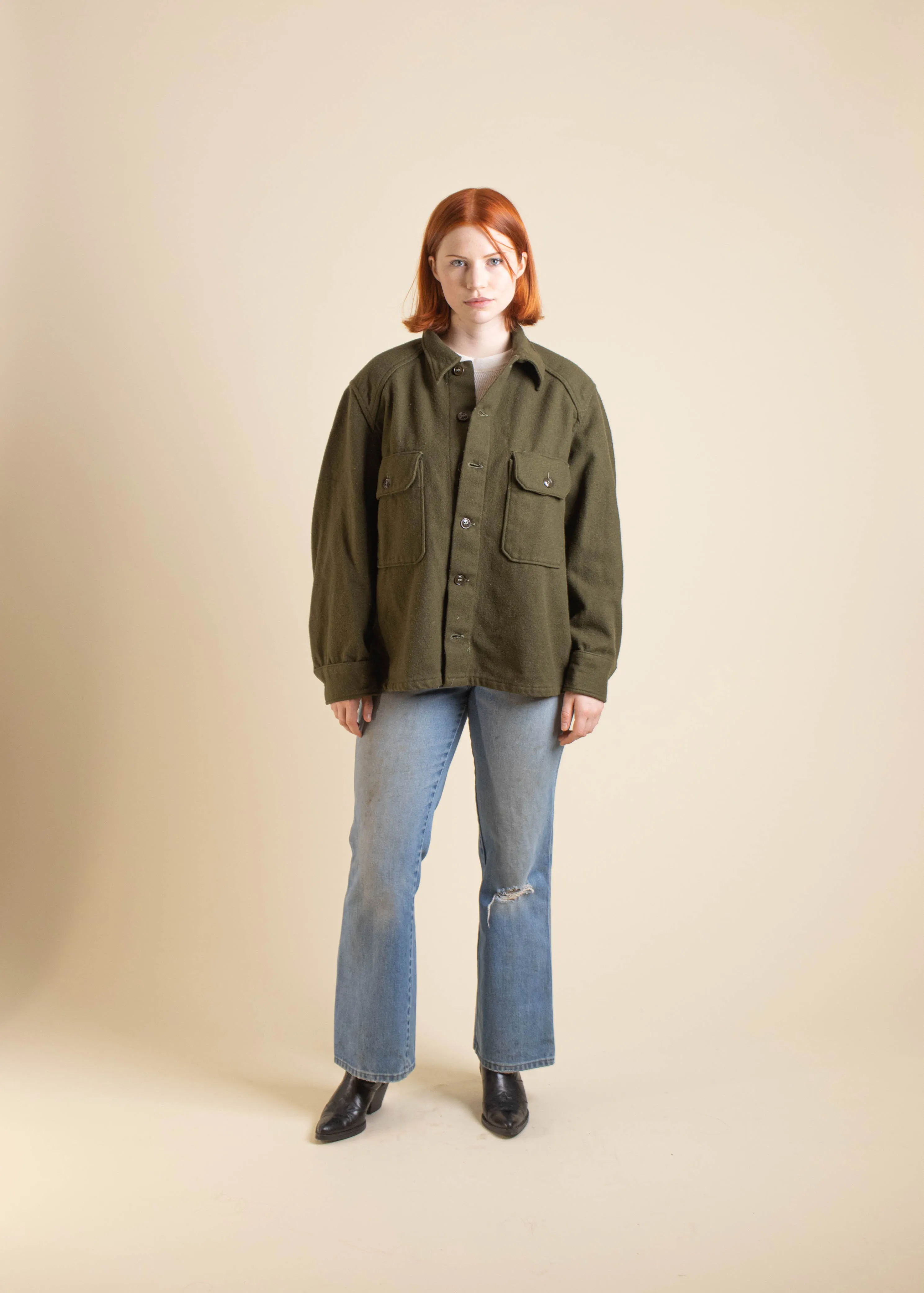 1980s Military Cold Weather Long Sleeve Wool Button Up Shirt Size M/L