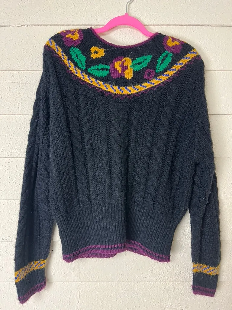 1990s LIZ CLAIBORNE BLACK CABLEKNIT SWEATER WITH FLORAL COLLAR - medium to xl