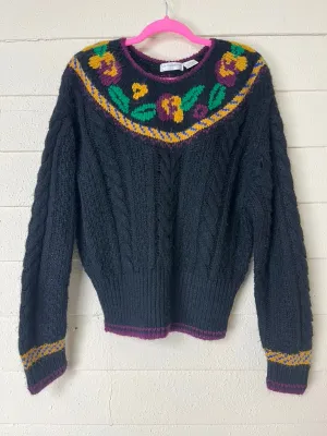 1990s LIZ CLAIBORNE BLACK CABLEKNIT SWEATER WITH FLORAL COLLAR - medium to xl
