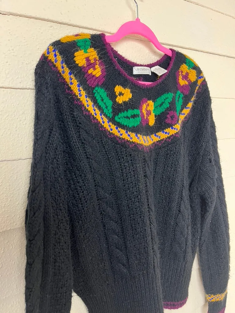1990s LIZ CLAIBORNE BLACK CABLEKNIT SWEATER WITH FLORAL COLLAR - medium to xl