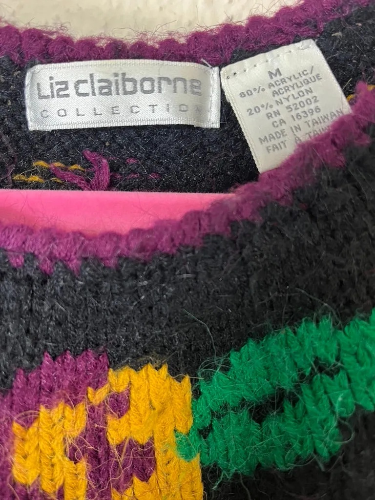 1990s LIZ CLAIBORNE BLACK CABLEKNIT SWEATER WITH FLORAL COLLAR - medium to xl