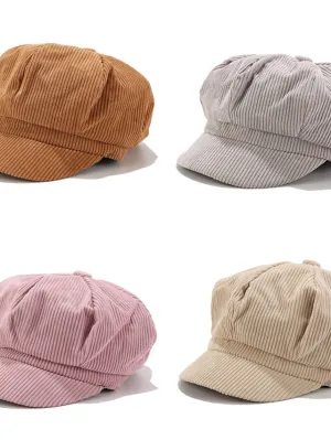 1PCS Solid Color Women Beret Spring Autumn Newsboy Hat Vintage Corduroy Elasticity Peaked Cap Painter Hat