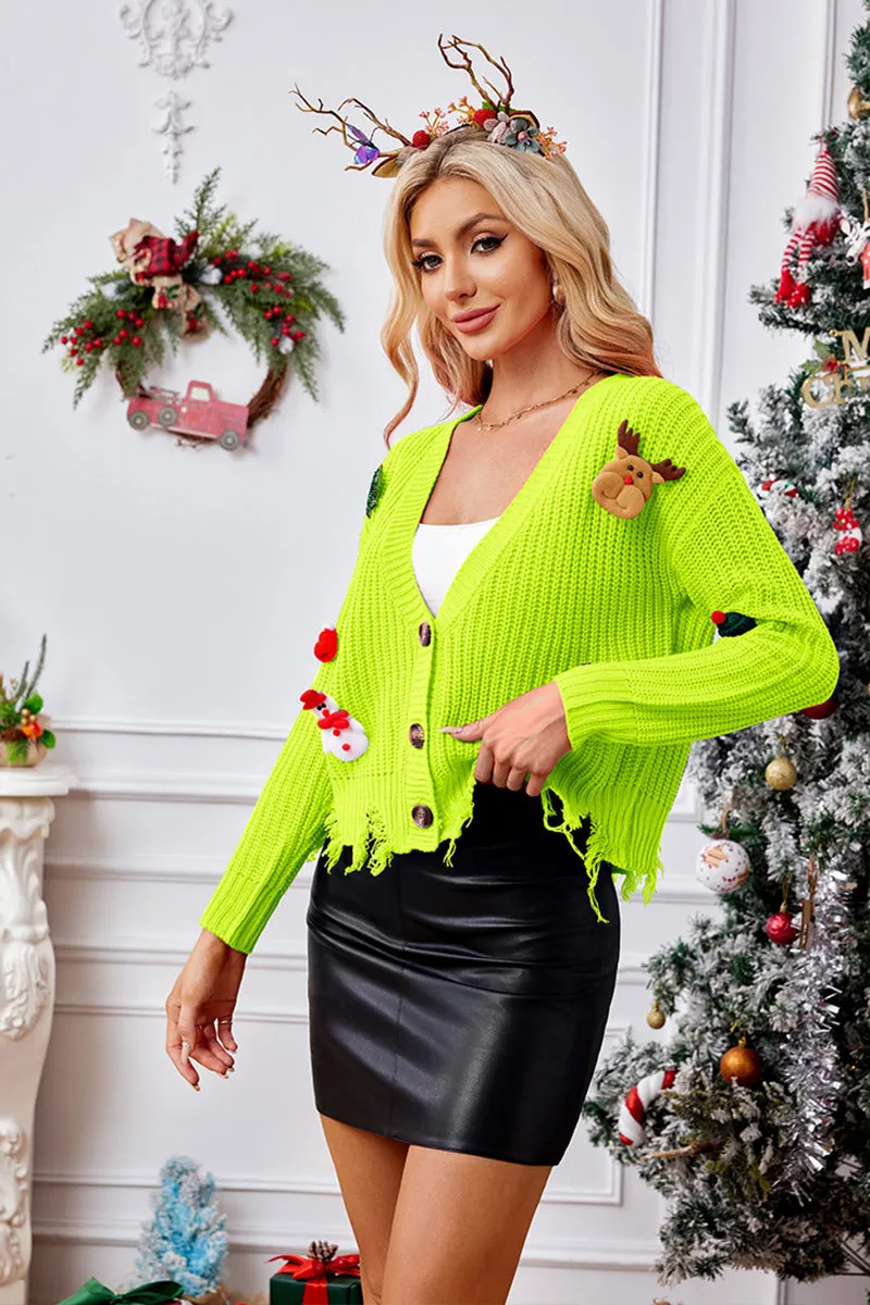 3D Reindeer Snowman Ripped Hem Button Sweater