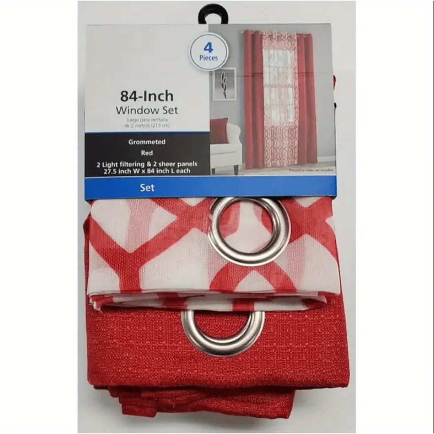 4 Piece Grommet Curtain Set, Red, 27.5" W x 84" L 4pc Window Set 2 Printed Sheers 2 Solid Textured Panels Grommets