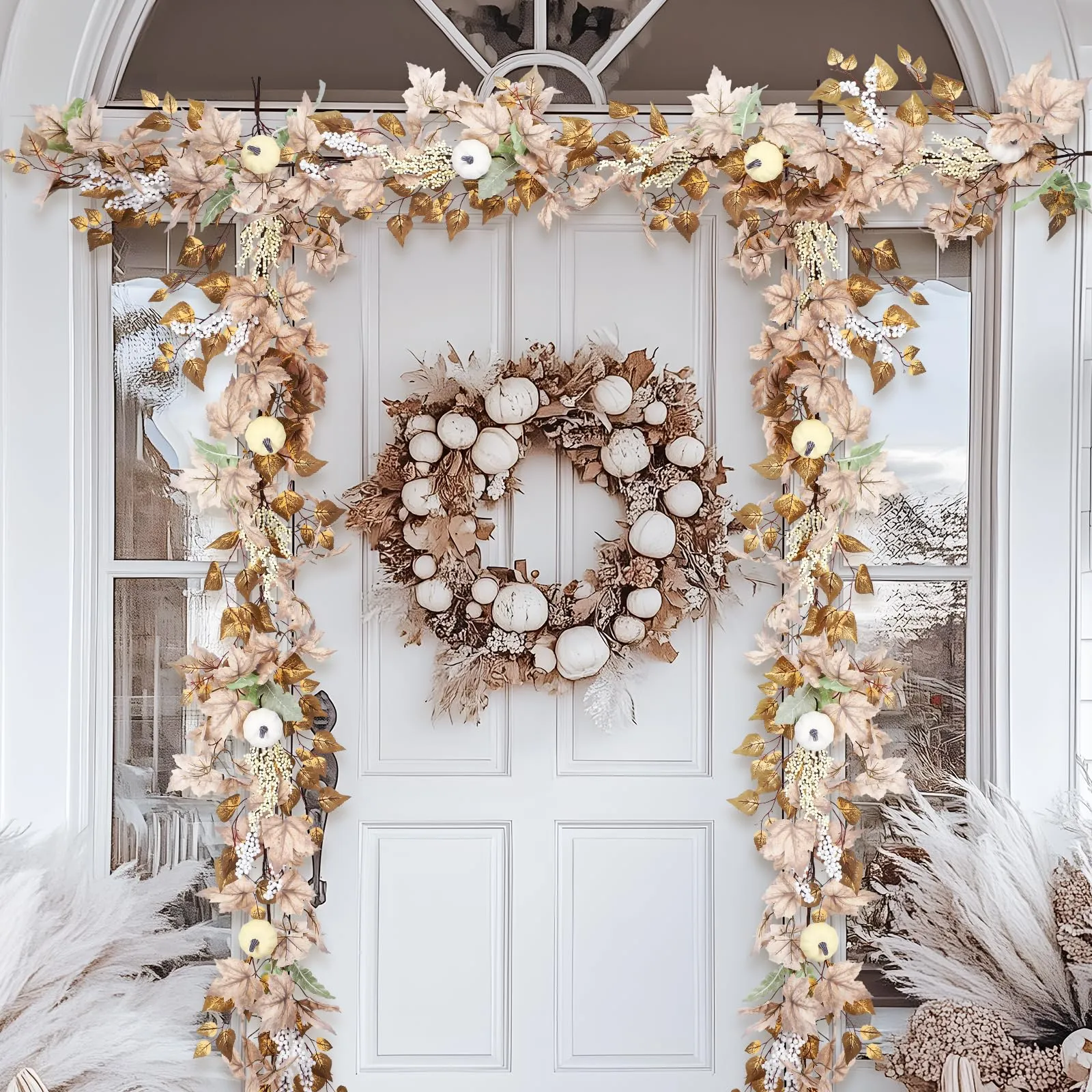 6FT Fall White Pumpkin & Maple Leaves Garland Decor