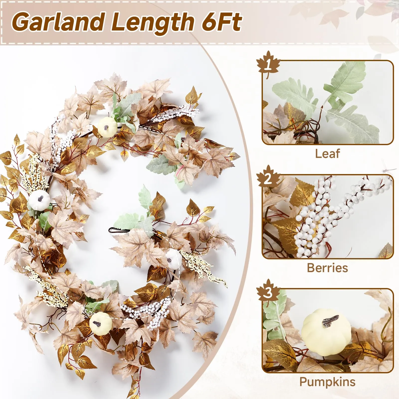 6FT Fall White Pumpkin & Maple Leaves Garland Decor