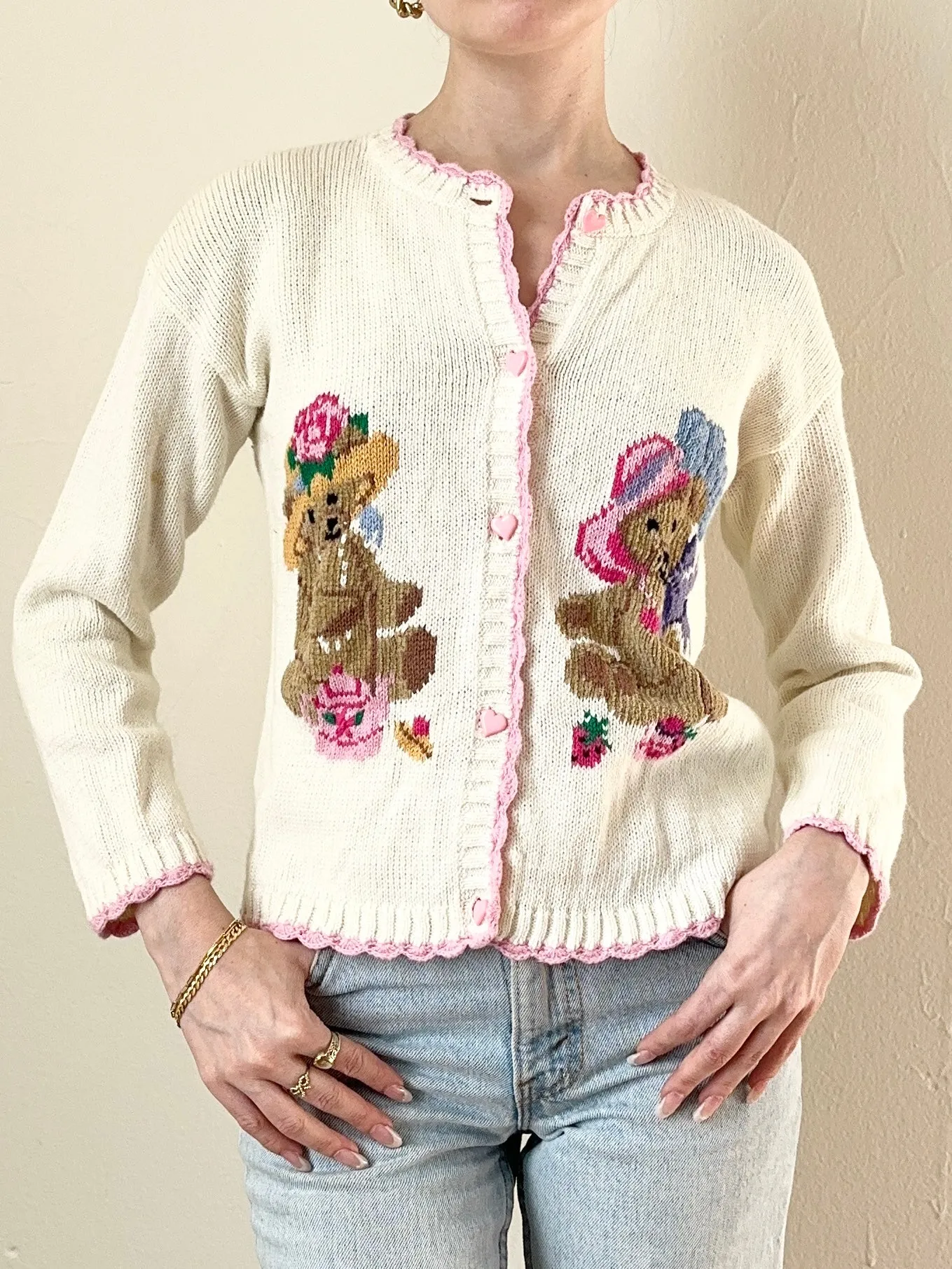 80s 90s Teddy Bear Cardigan Sweater (xxs)