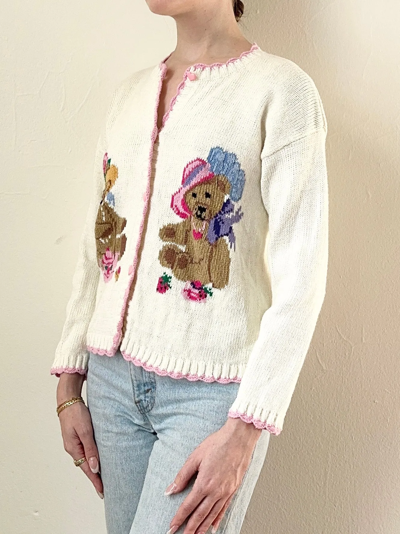 80s 90s Teddy Bear Cardigan Sweater (xxs)
