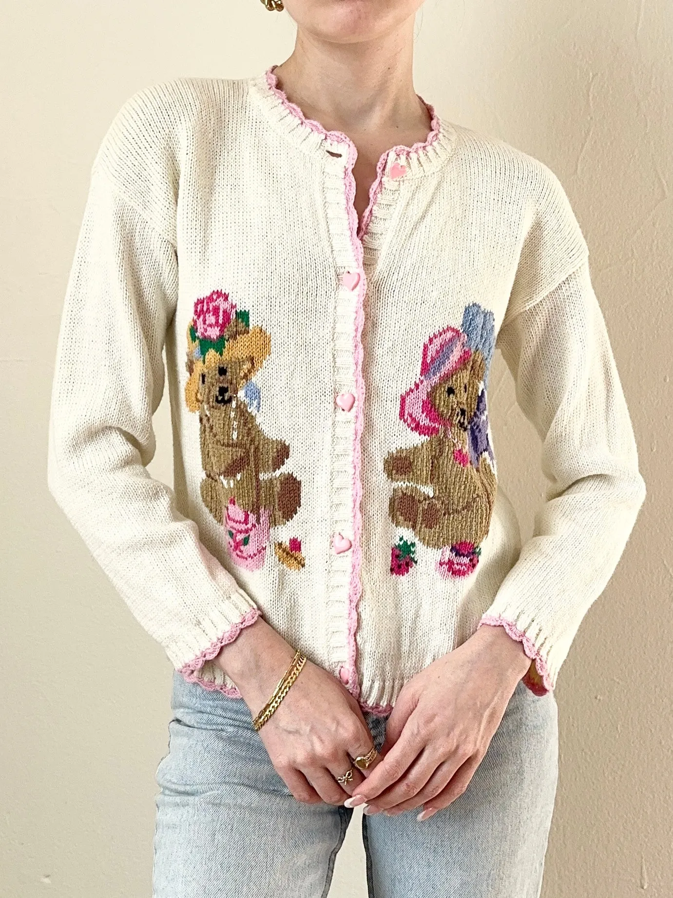 80s 90s Teddy Bear Cardigan Sweater (xxs)