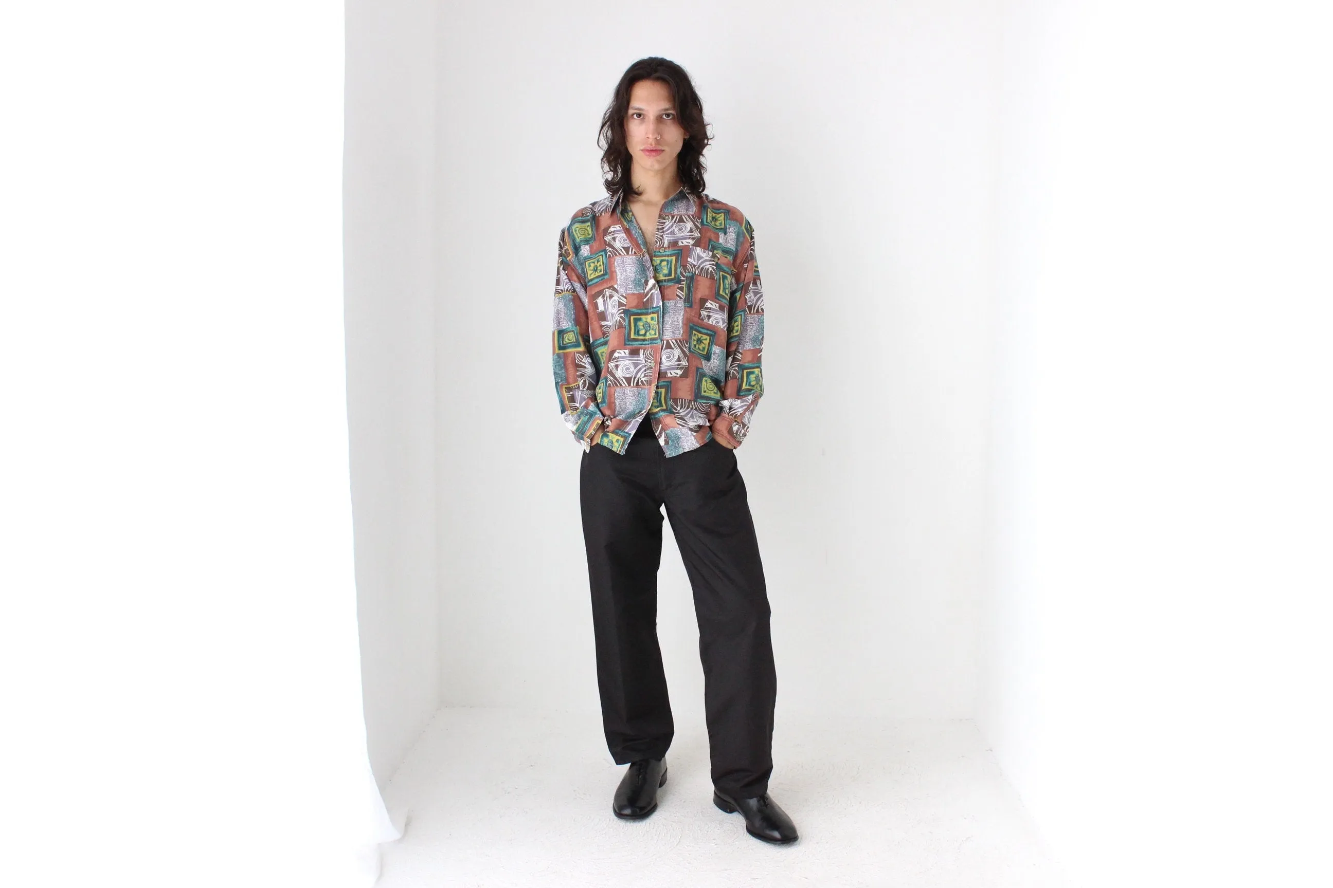 80s PURE SILK Funky Printed Long Sleeve Shirt
