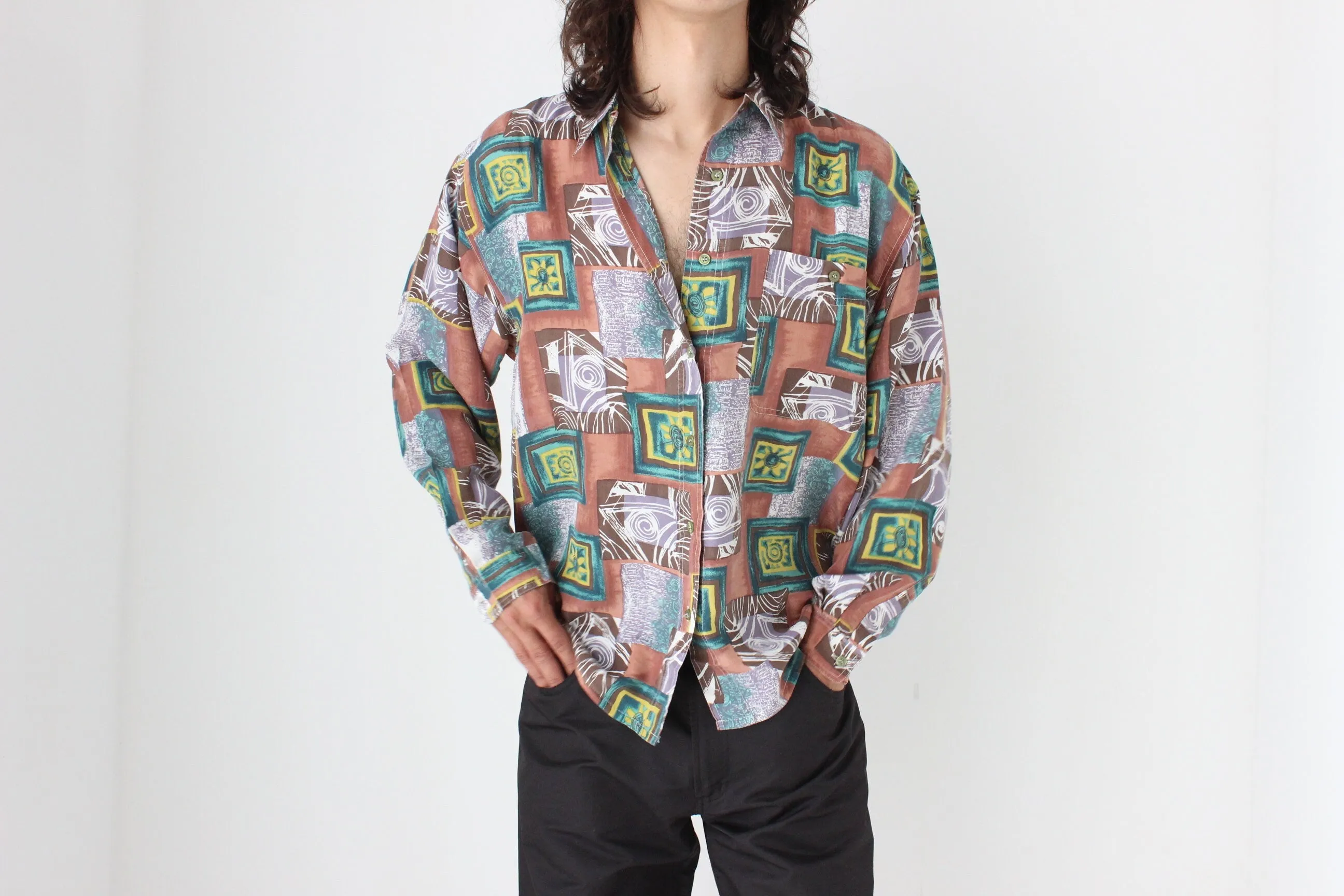 80s PURE SILK Funky Printed Long Sleeve Shirt