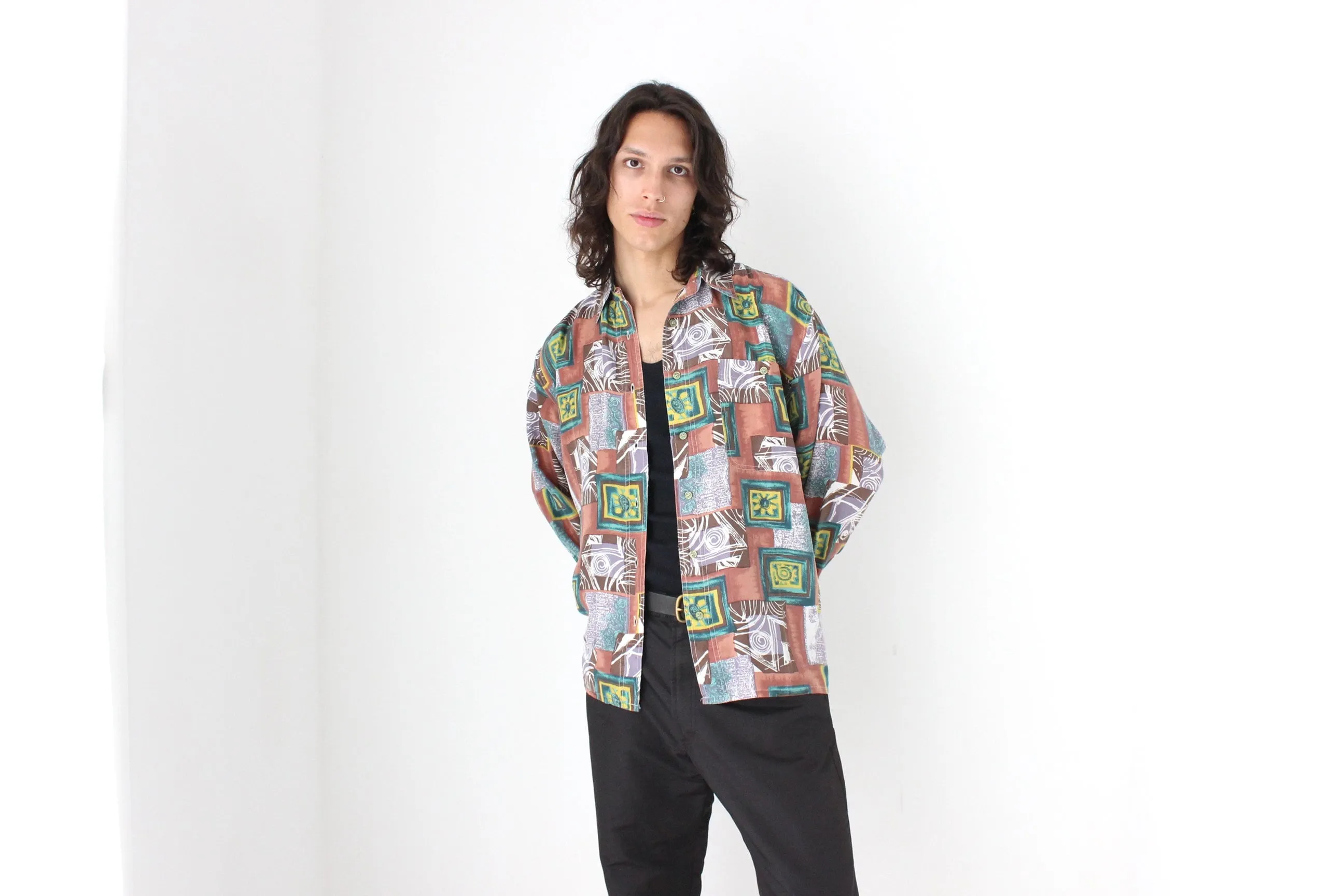 80s PURE SILK Funky Printed Long Sleeve Shirt