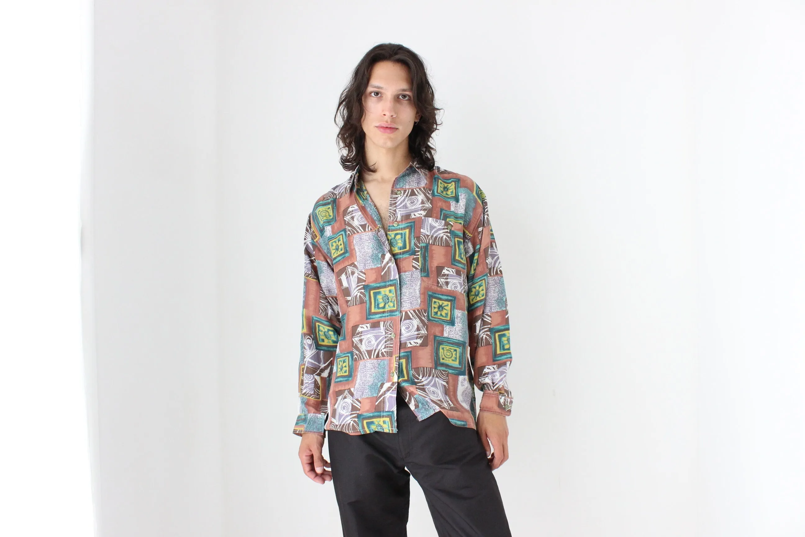 80s PURE SILK Funky Printed Long Sleeve Shirt