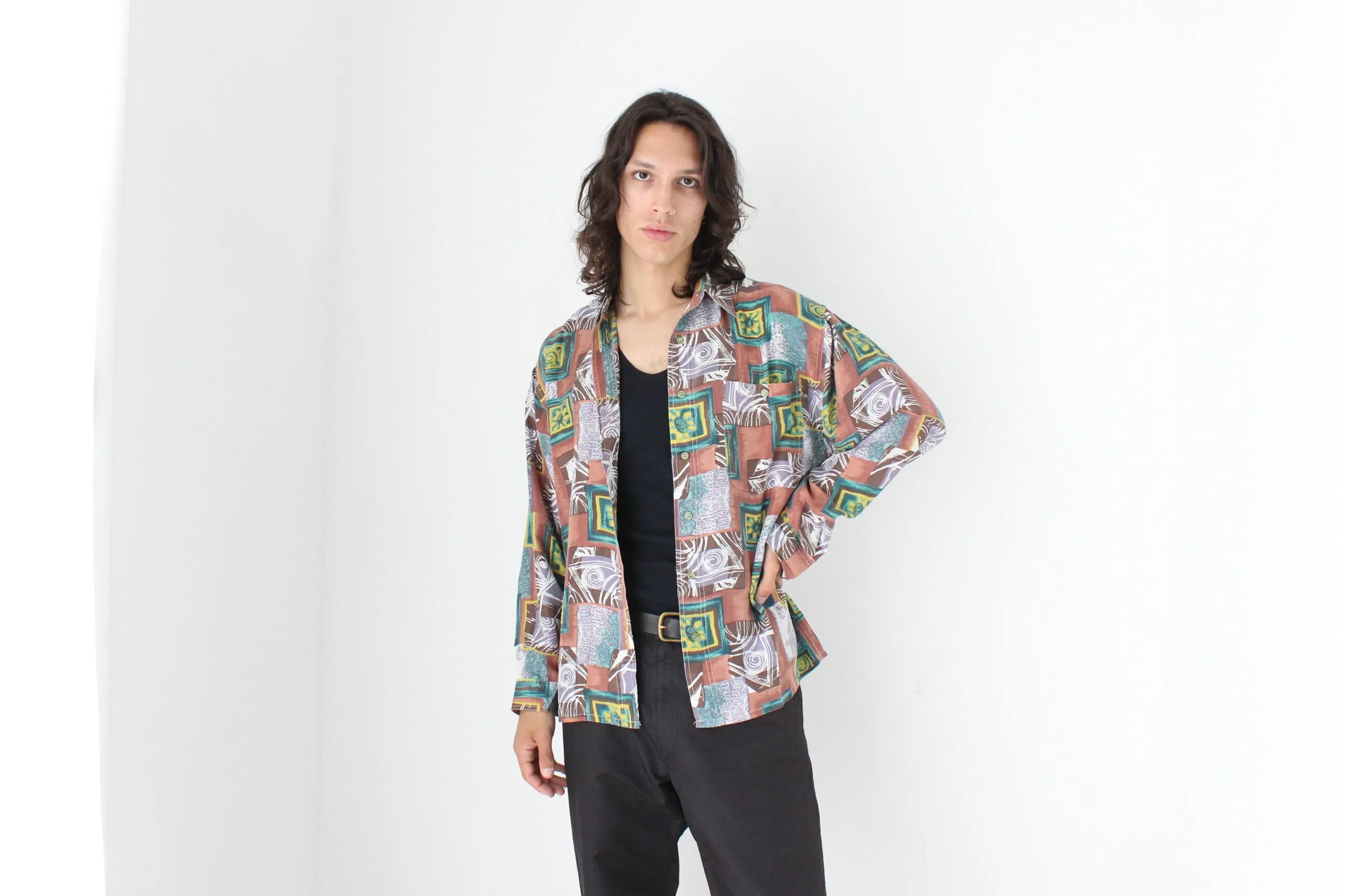 80s PURE SILK Funky Printed Long Sleeve Shirt