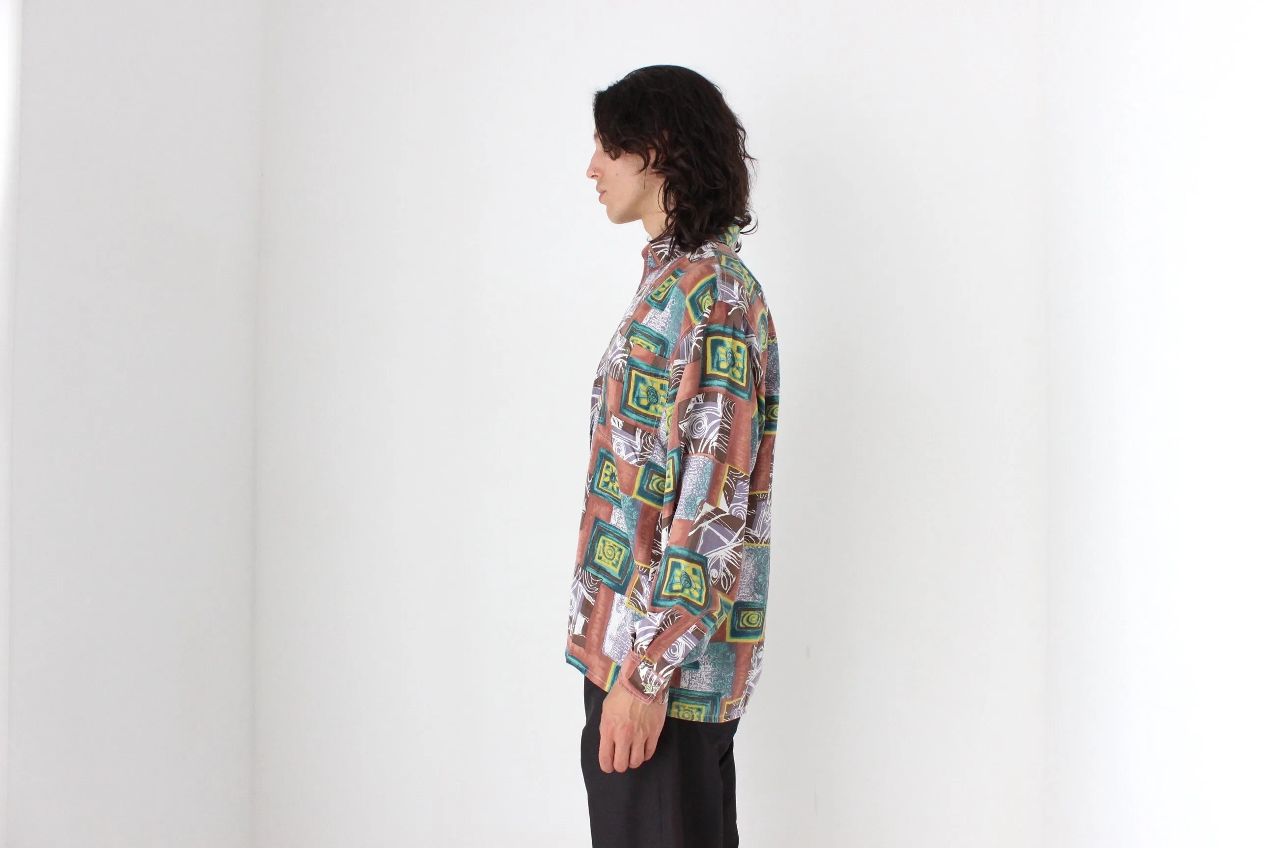 80s PURE SILK Funky Printed Long Sleeve Shirt