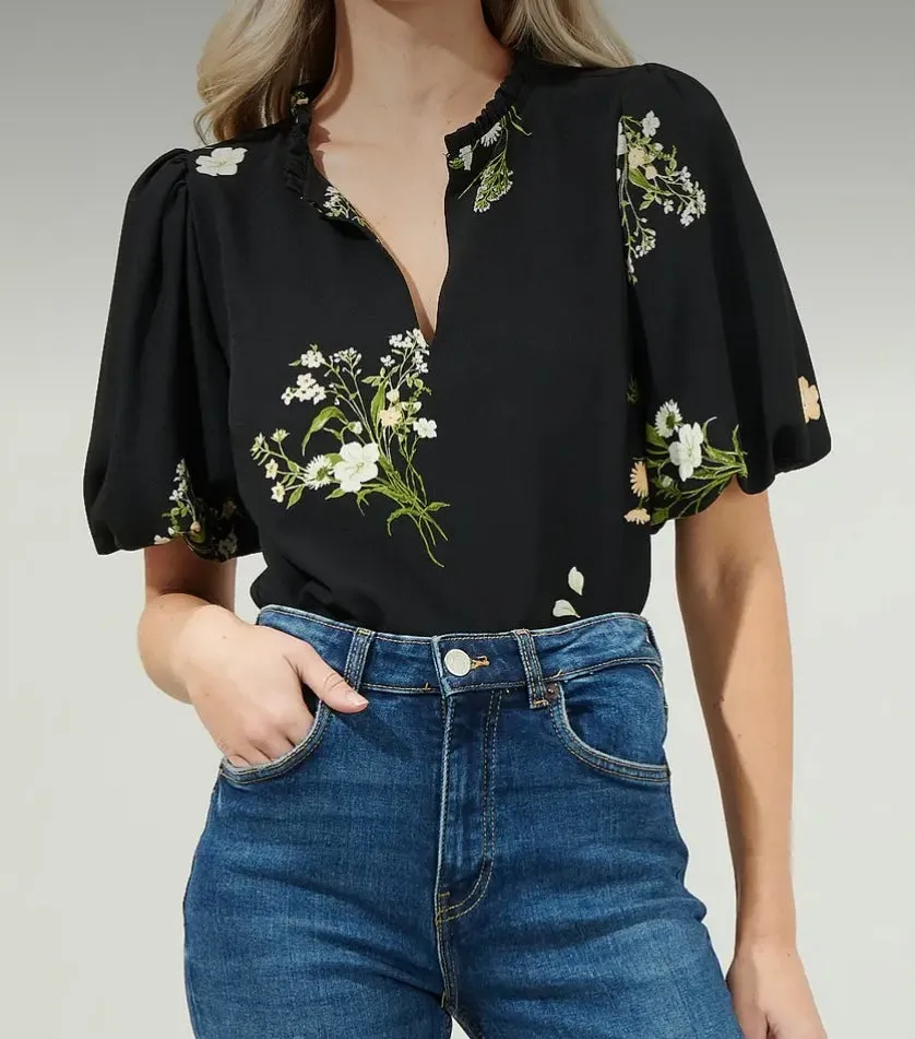 A Floral Split Neck Blouse