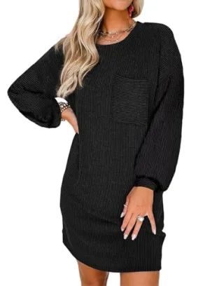Acelitt Women's Casual Fall Dresses 2024 Fashion Crewneck Long Sleeve Loose Beach Ribbed Shift Mini T Shirt Dress Apricot Small