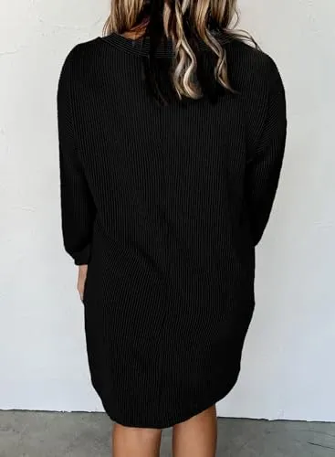 Acelitt Women's Casual Fall Dresses 2024 Fashion Crewneck Long Sleeve Loose Beach Ribbed Shift Mini T Shirt Dress Apricot Small