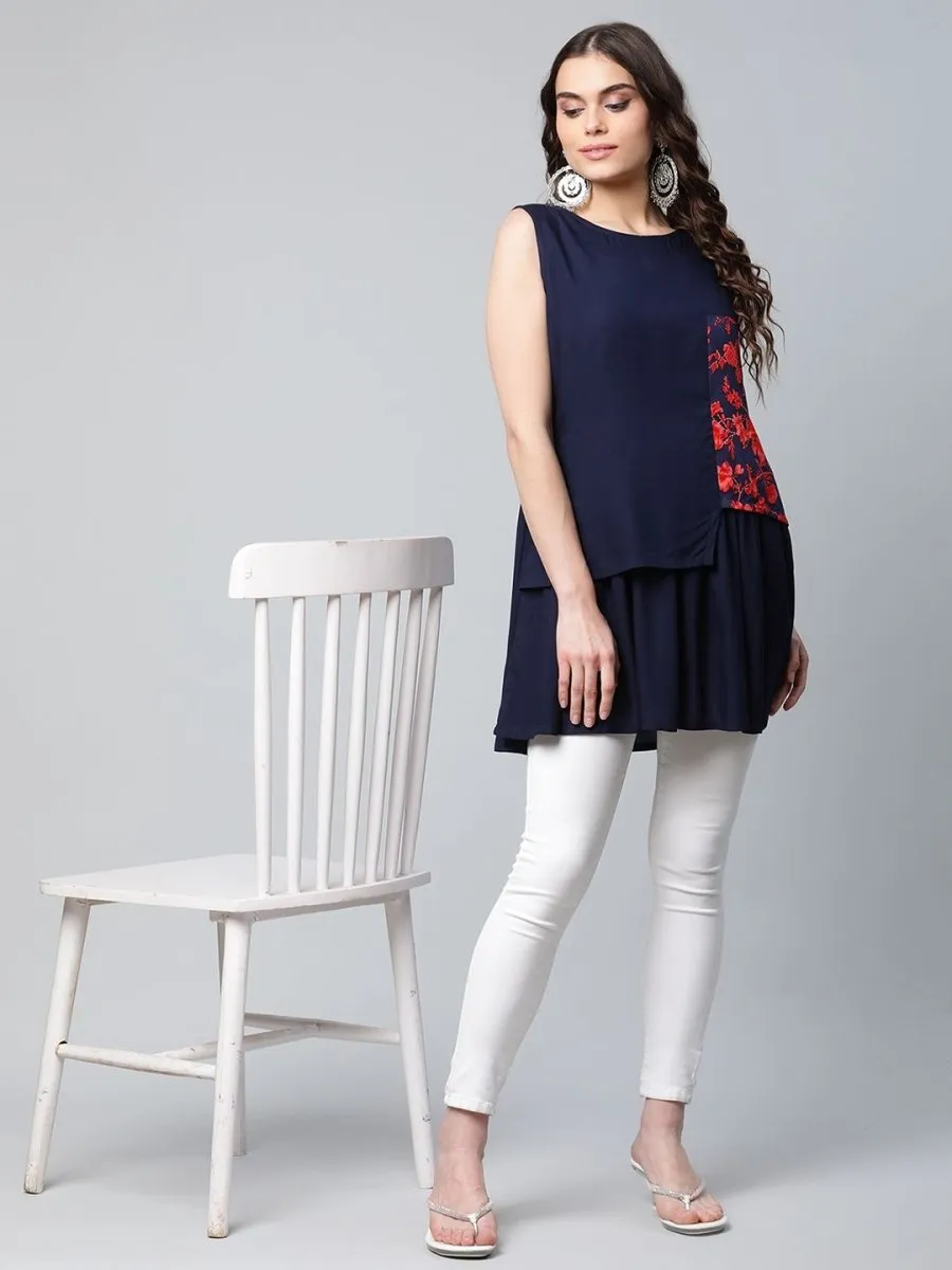 Ahalyaa Women Navy Blue Rayon Printed Tunic
