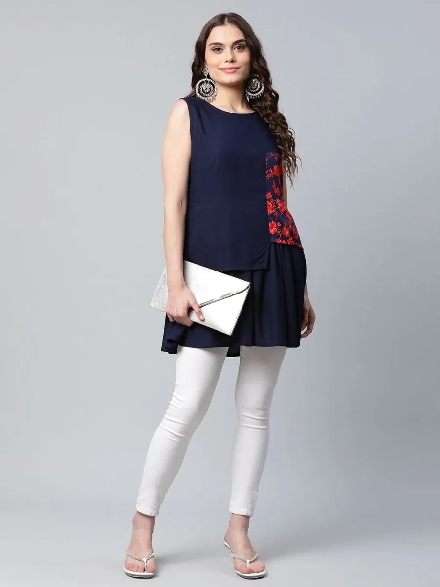 Ahalyaa Women Navy Blue Rayon Printed Tunic