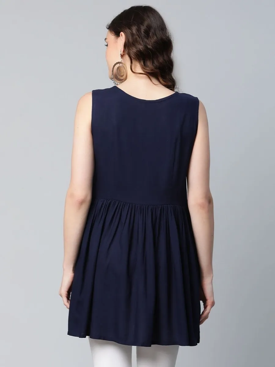 Ahalyaa Women Navy Blue Rayon Printed Tunic