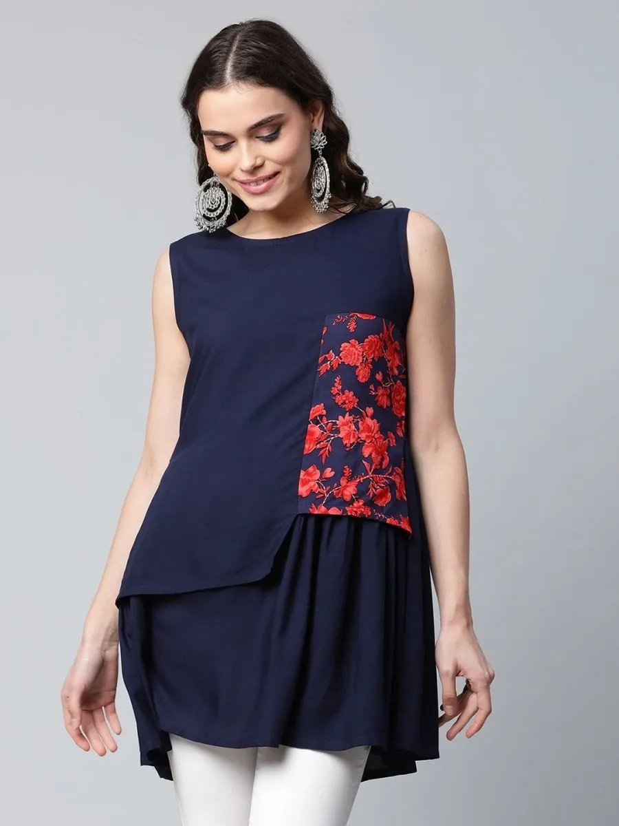 Ahalyaa Women Navy Blue Rayon Printed Tunic