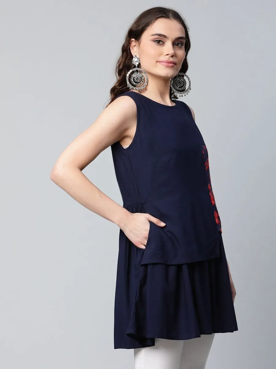 Ahalyaa Women Navy Blue Rayon Printed Tunic