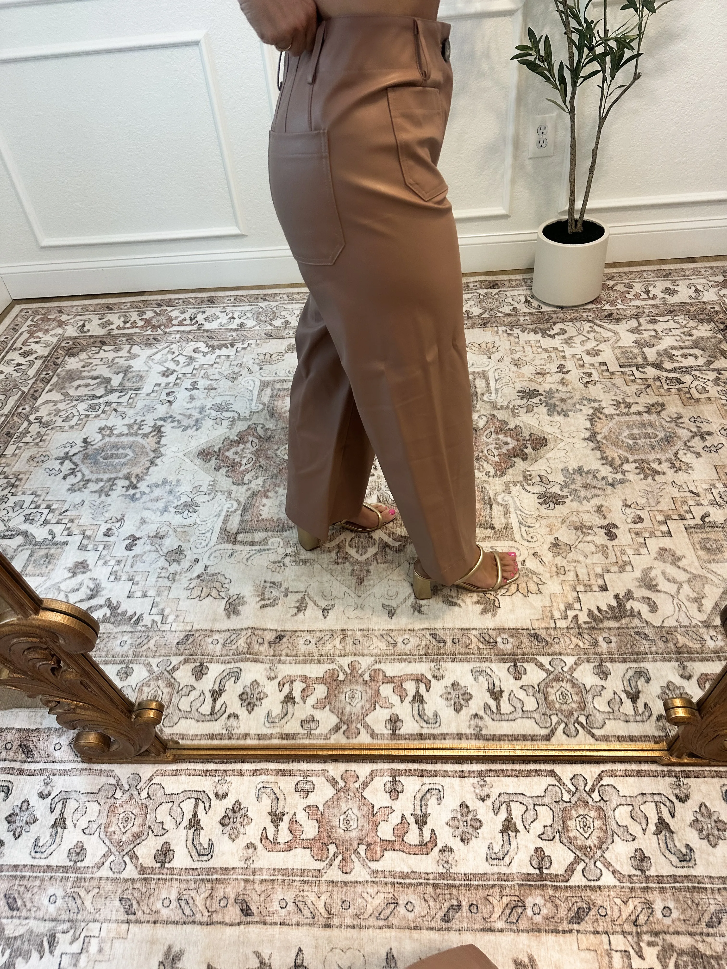 Alicia Mid Rise Pleather Wide Leg Pants - Taupe