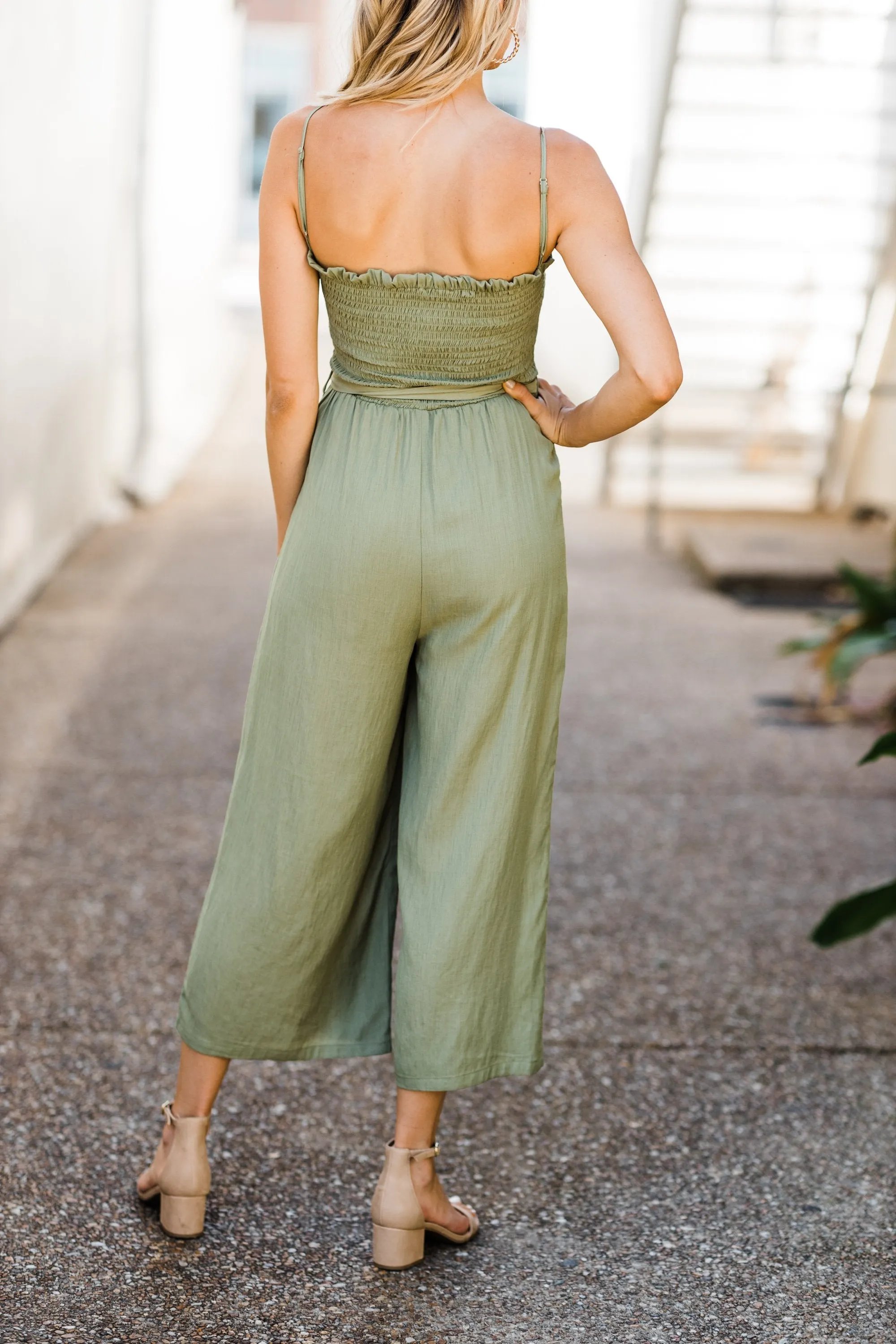 All About You Olive Smocked Jumpsuit