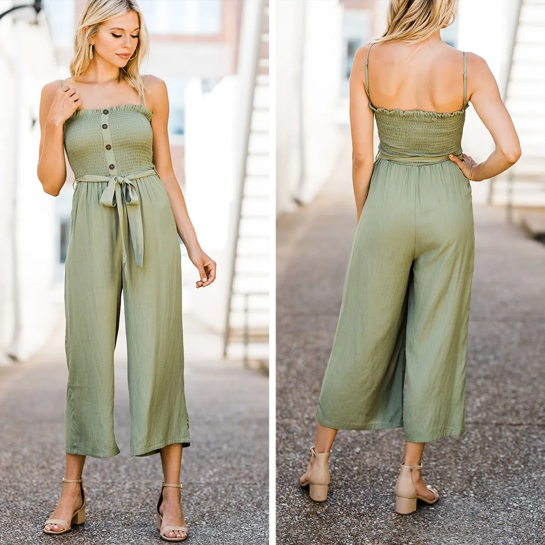 All About You Olive Smocked Jumpsuit