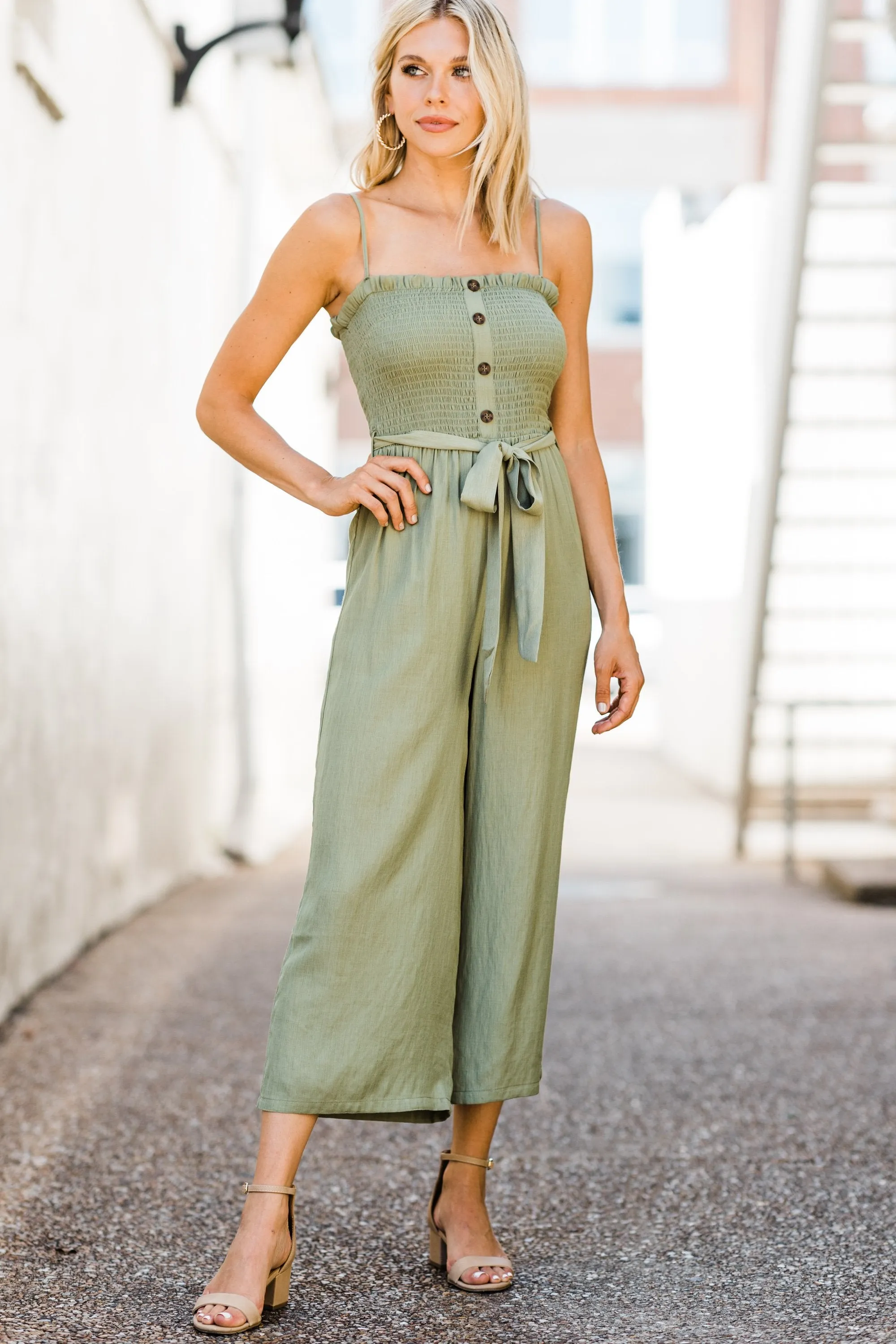 All About You Olive Smocked Jumpsuit