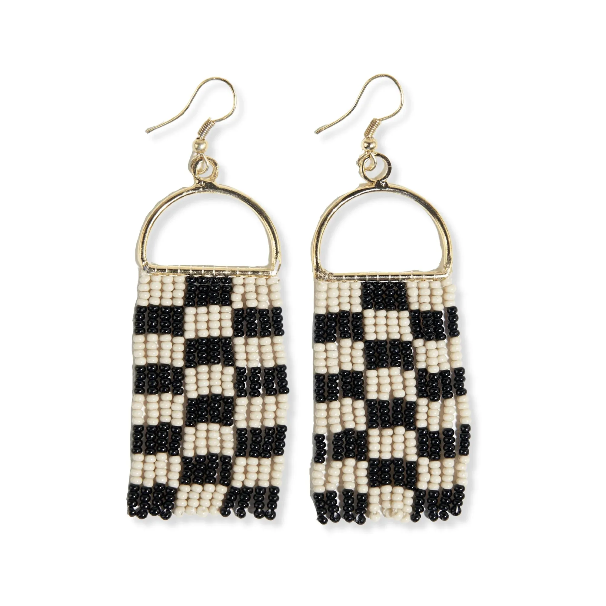 Allison Checkered Beaded Fringe Earrings Black
