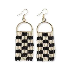 Allison Checkered Beaded Fringe Earrings Black