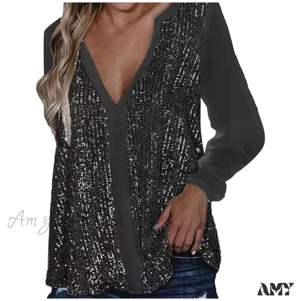 Amy Fashion - Sequin Casual Long Sleeve Fall Streetwear Blouse