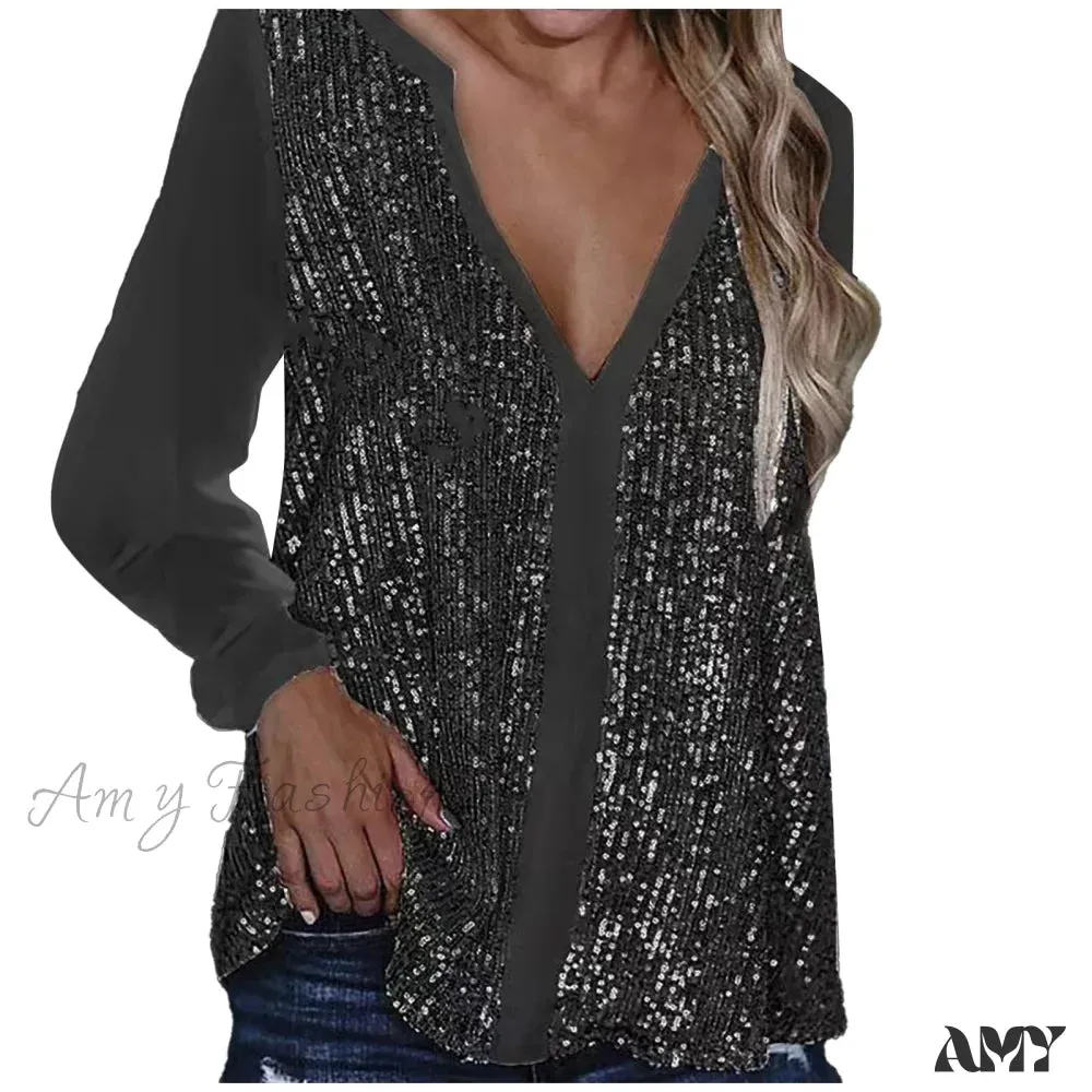 Amy Fashion - Sequin Casual Long Sleeve Fall Streetwear Blouse