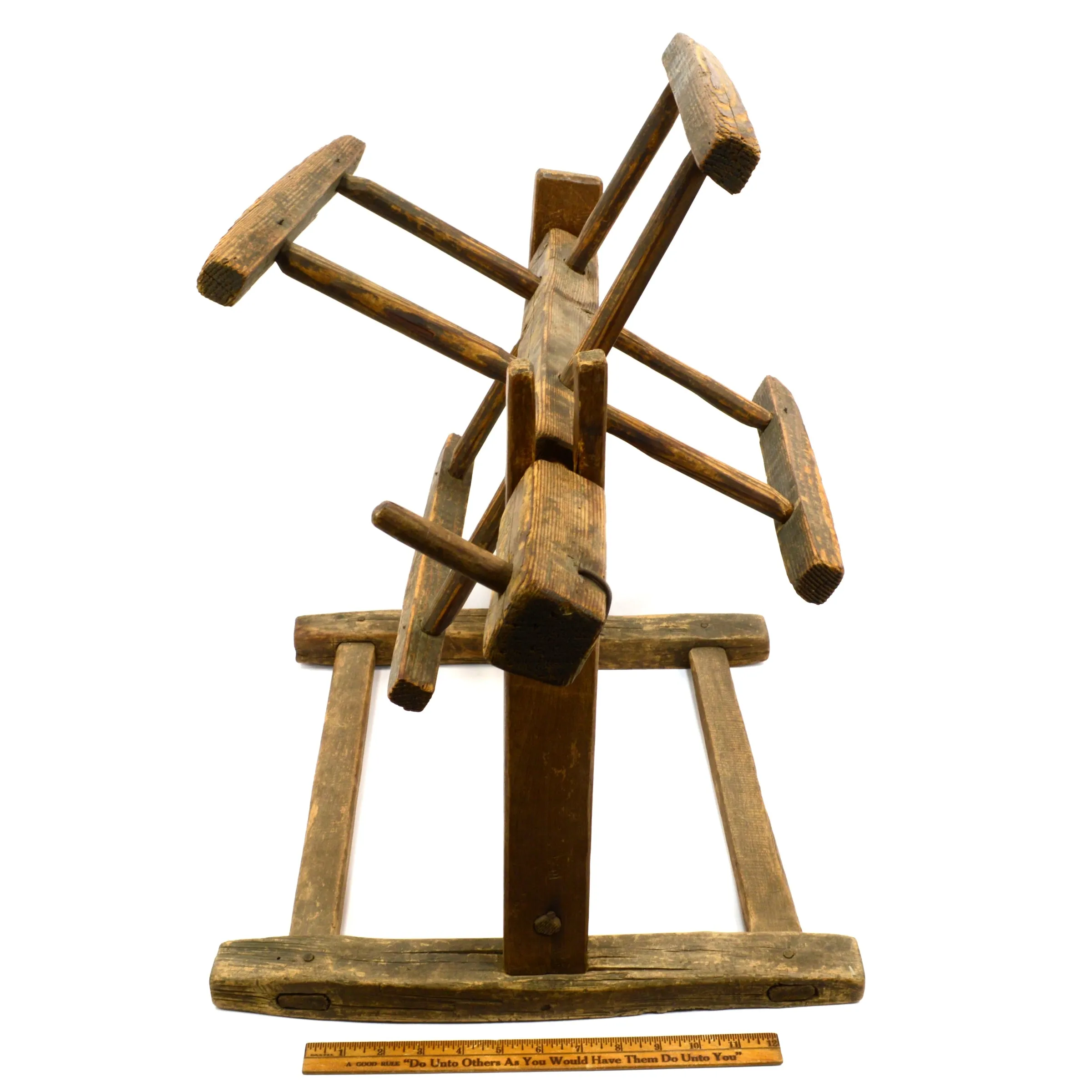 Antique YARN WINDER Primitive & Crude STRING SPINNER Oak WOOD NAILS Decor c.19th