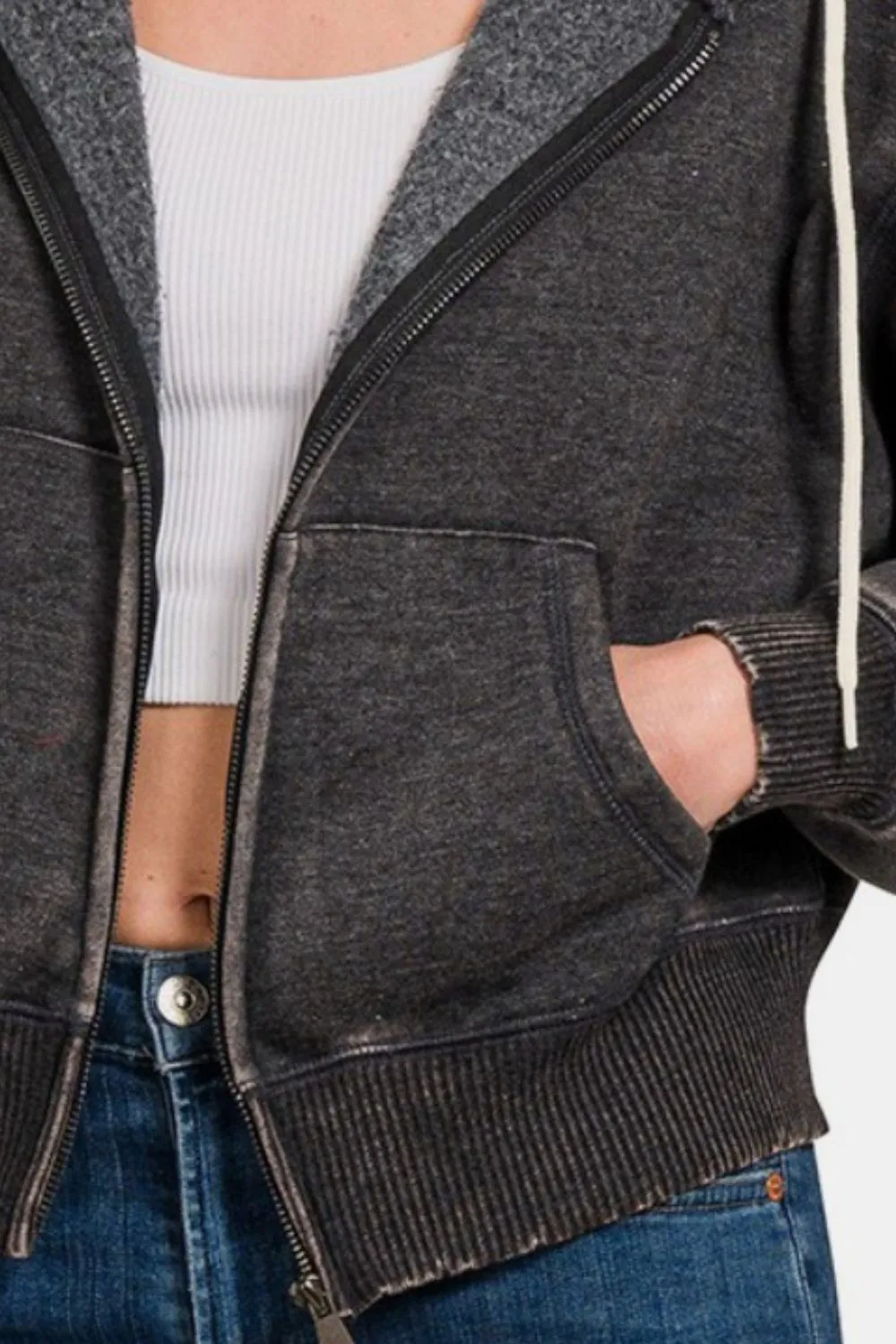 Ash Black Acid Wash Fleece Zip-Up Cropped Hoodie