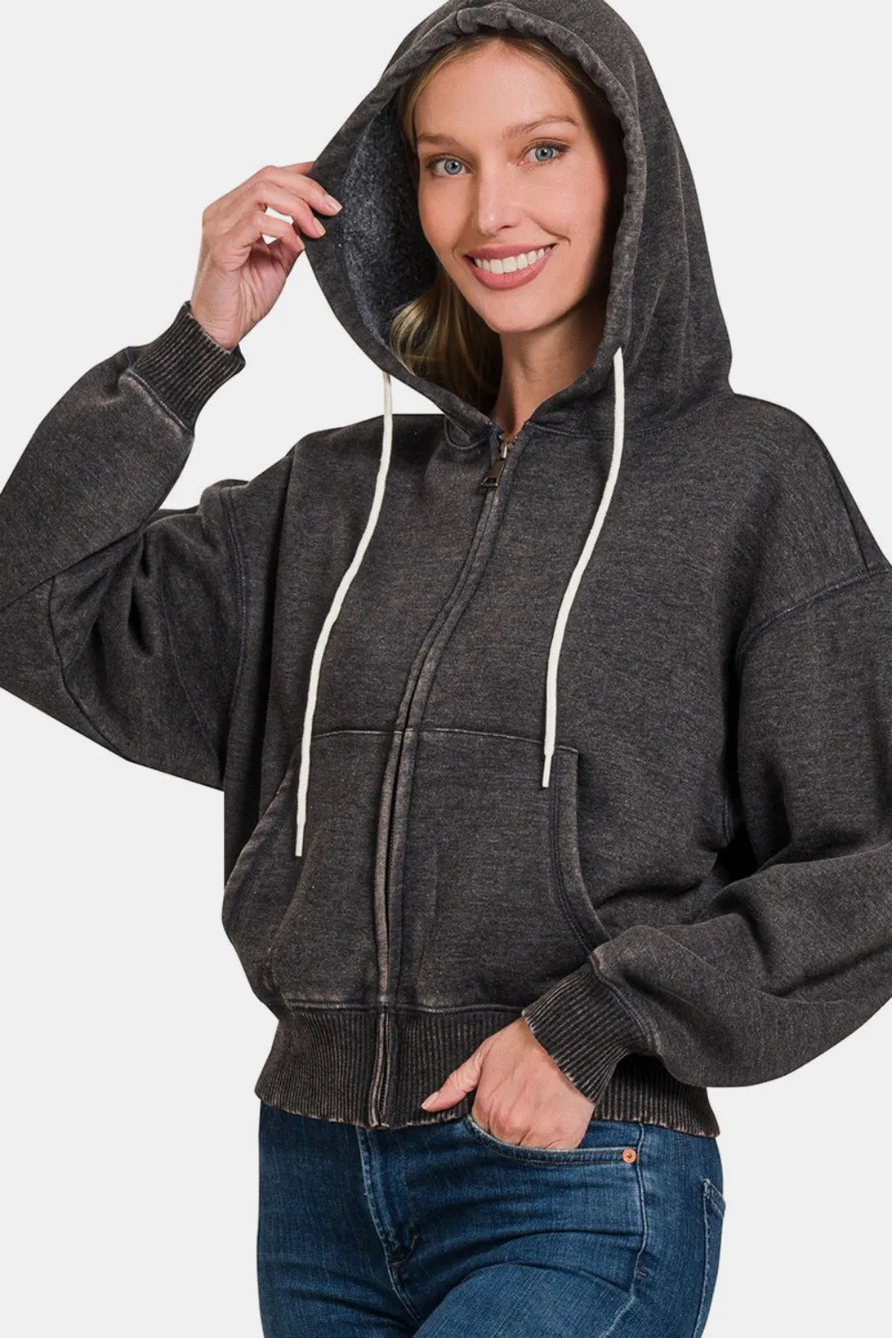Ash Black Acid Wash Fleece Zip-Up Cropped Hoodie