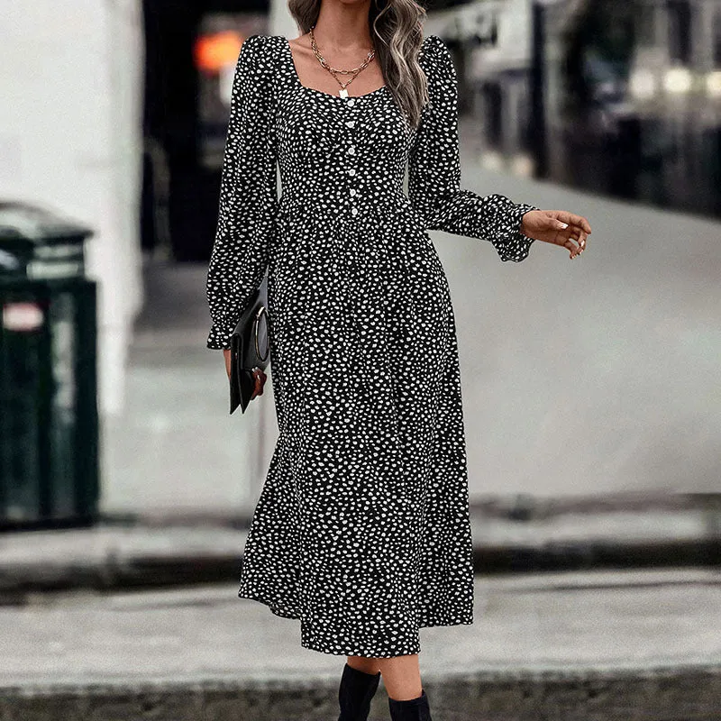 Autumn New Fashion Square Neck Printed Maxi Dress