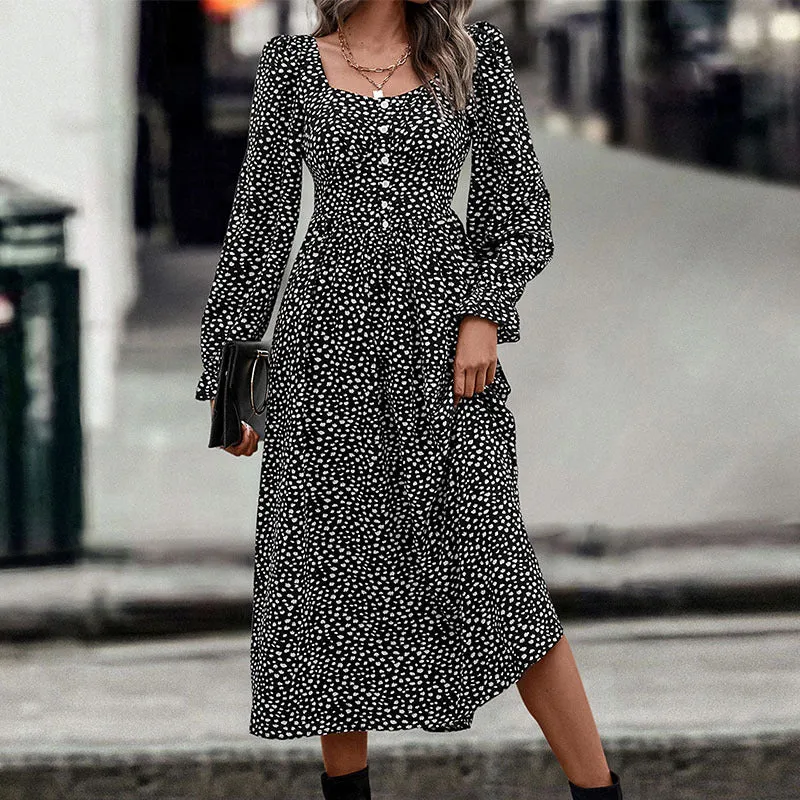 Autumn New Fashion Square Neck Printed Maxi Dress