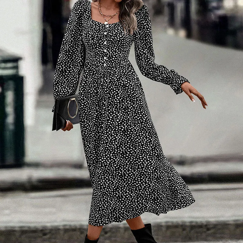 Autumn New Fashion Square Neck Printed Maxi Dress