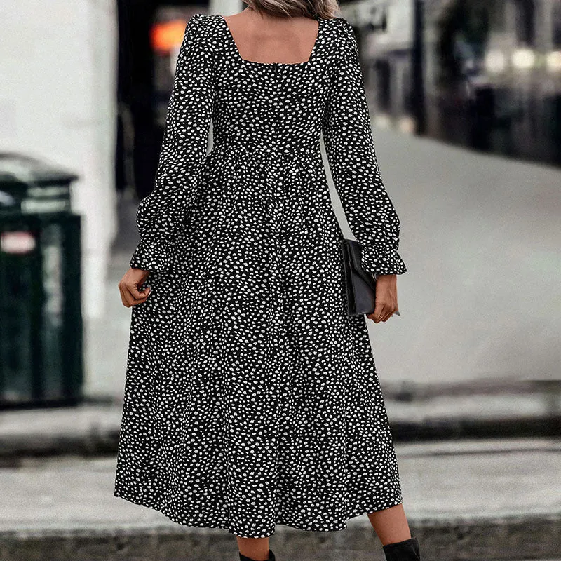 Autumn New Fashion Square Neck Printed Maxi Dress
