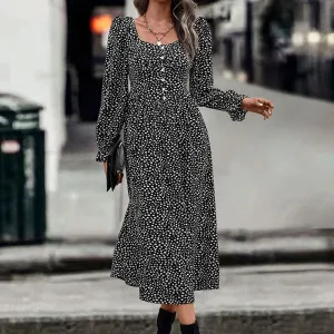 Autumn New Fashion Square Neck Printed Maxi Dress